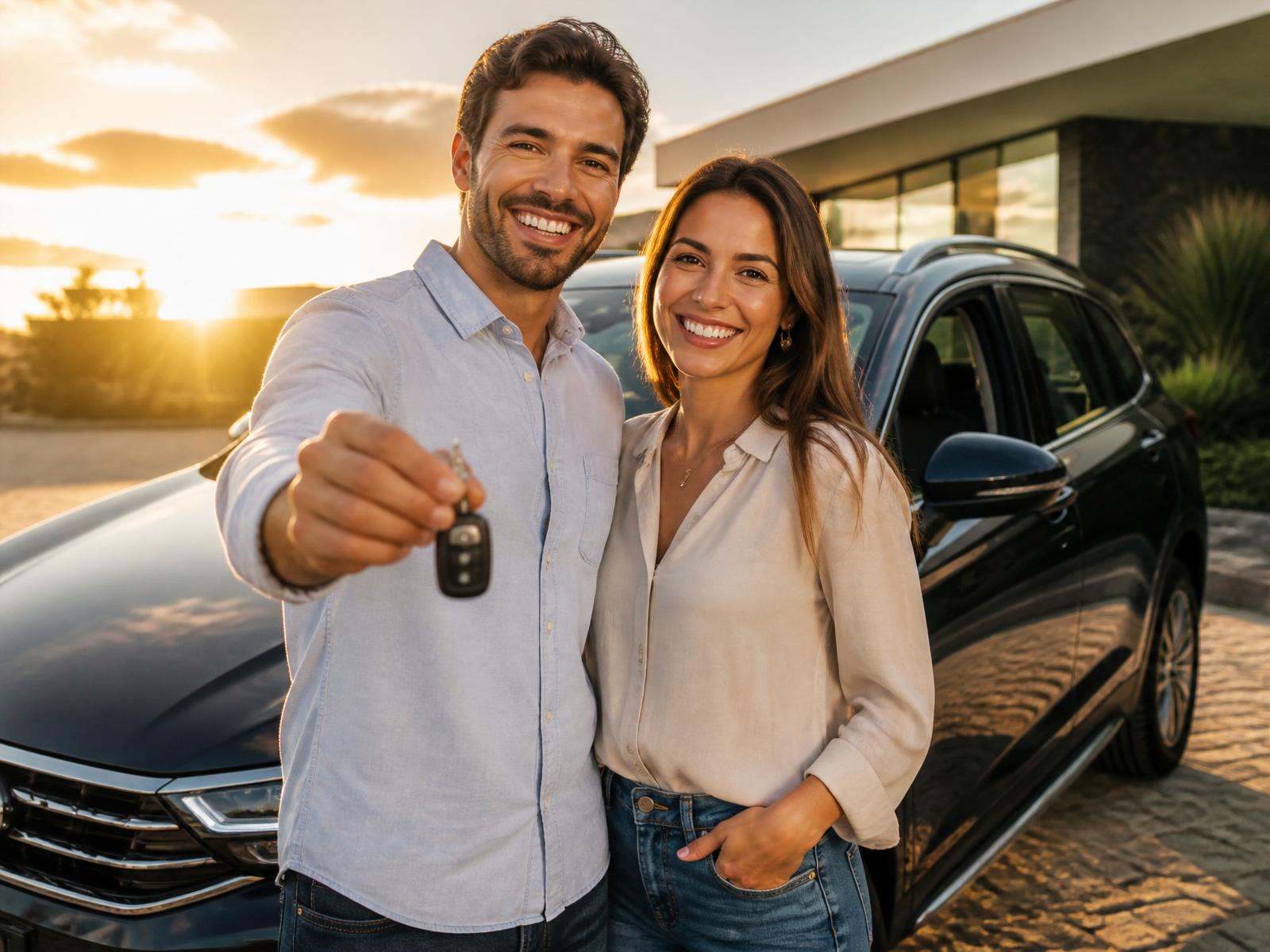 Casal feliz vendendo o carro na Oferta Nacional